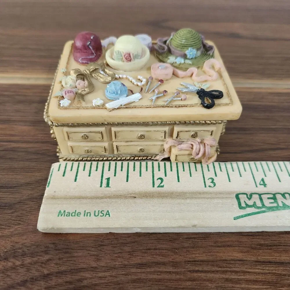 Dezine Vintage 1995 Hand Painted 3D Embossed Trinket Box Victorian Ribbons Hats